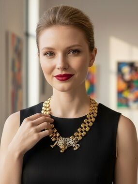 Gold Tone Statement Necklace with Leopard Brooch- Attached